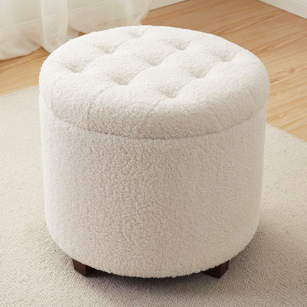 Round Storage Ottoman Boucle White Fabric Upholstery