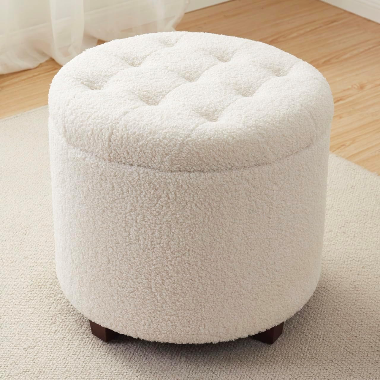 Round Storage Ottoman Boucle White Fabric Upholstery