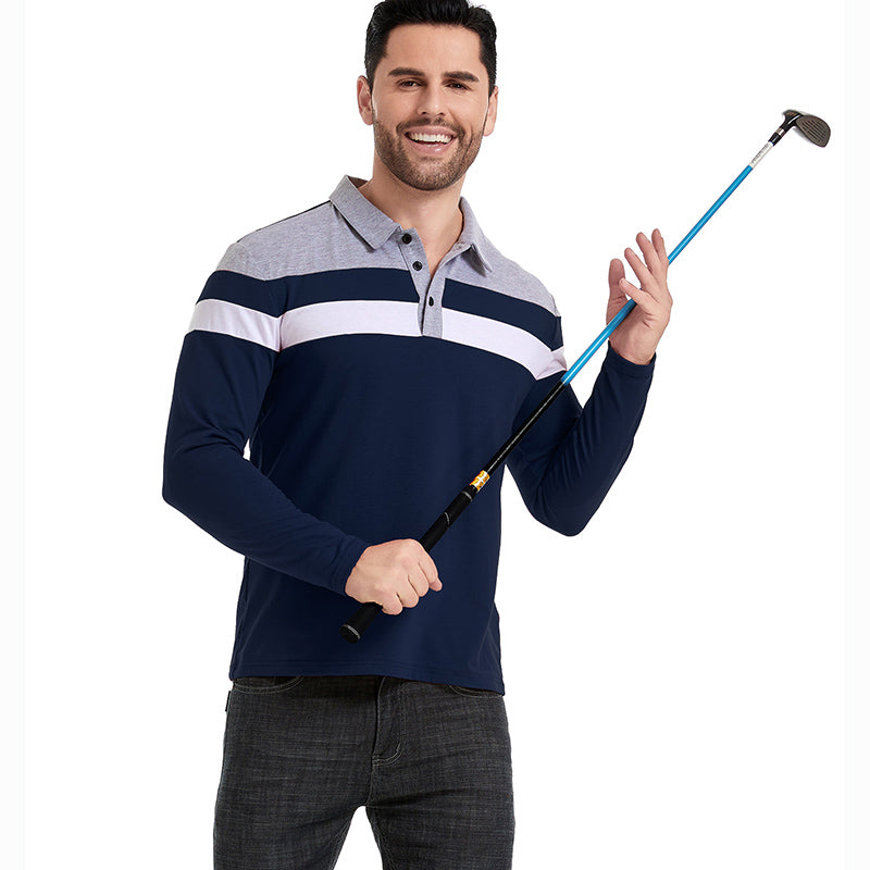Men's Long Sleeve Casual Cotton Patchwork Collared Shirt Autumn Striped Pullover Streetwear Golf Button Polo Shirts