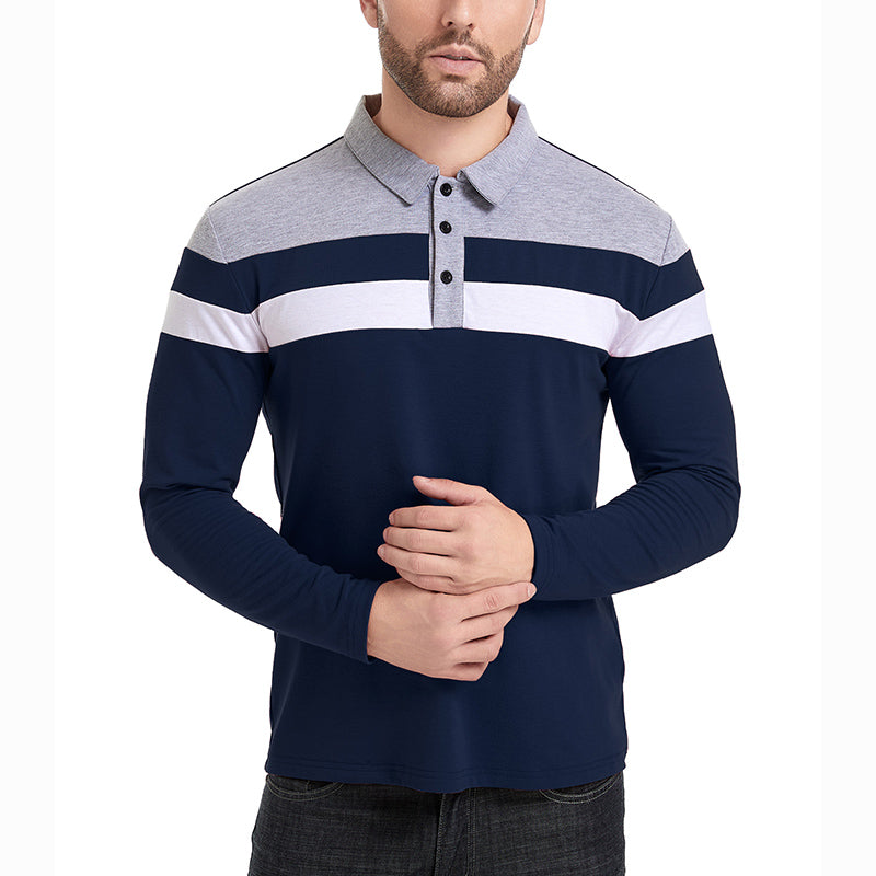 Men's Long Sleeve Casual Cotton Patchwork Collared Shirt Autumn Striped Pullover Streetwear Golf Button Polo Shirts