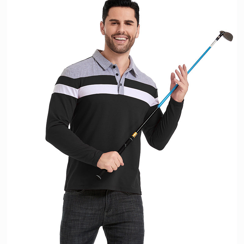 Men's Long Sleeve Casual Cotton Patchwork Collared Shirt Autumn Striped Pullover Streetwear Golf Button Polo Shirts