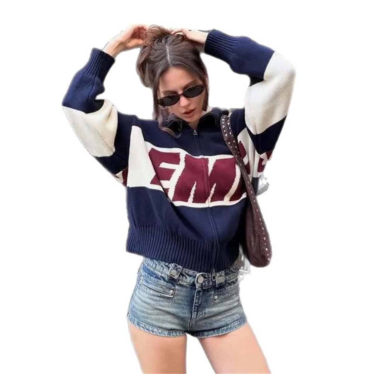 Retro Spliced Zipper Knitted Sweater for Women - Fashion Stand Collar Long Sleeve Loose Short Cardigan Y2K Letter Knitwear