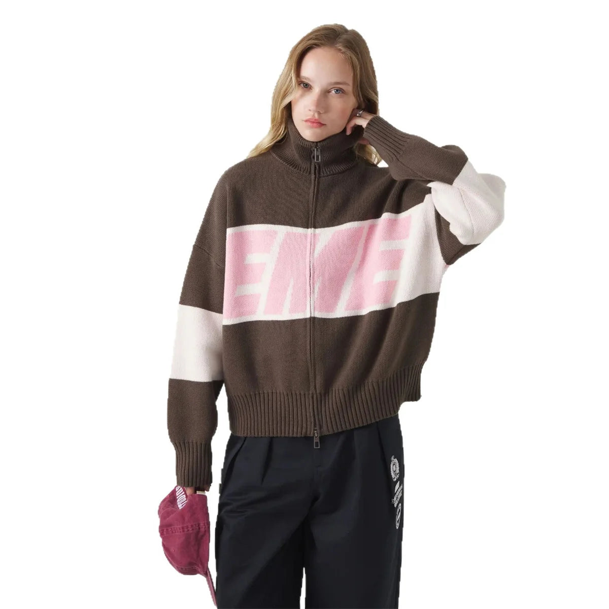Retro Spliced Zipper Knitted Sweater Women Fashion Stand Collar Long Sleeve Loose Short Cardigan Lady Y2k Letter Knitwear