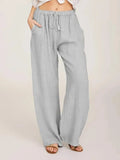 Women's Cotton Linen Pants Casual Loose Solid Elastic Waist Pocket Straight Trousers Ladies Oversize Wide Leg Pant Streetwear