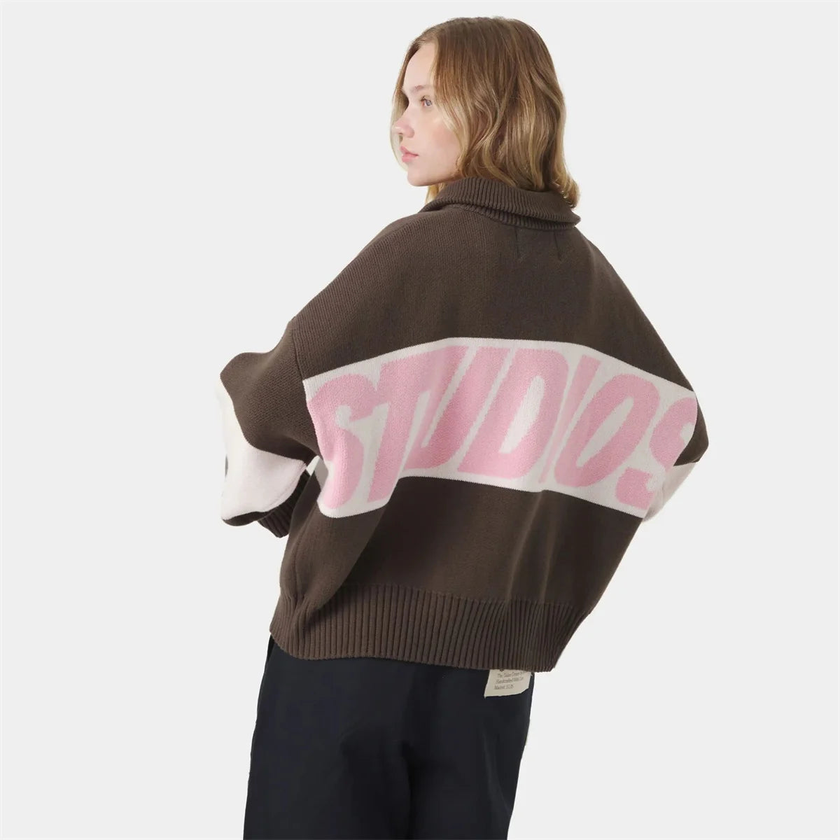 Retro Spliced Zipper Knitted Sweater for Women - Fashion Stand Collar Long Sleeve Loose Short Cardigan Y2K Letter Knitwear