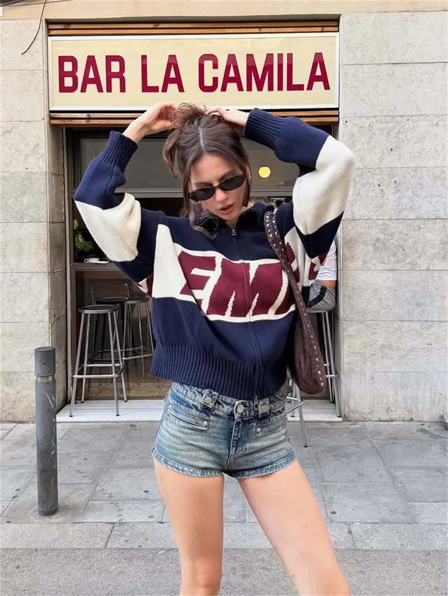 Retro Spliced Zipper Knitted Sweater Women Fashion Stand Collar Long Sleeve Loose Short Cardigan Lady Y2k Letter Knitwear