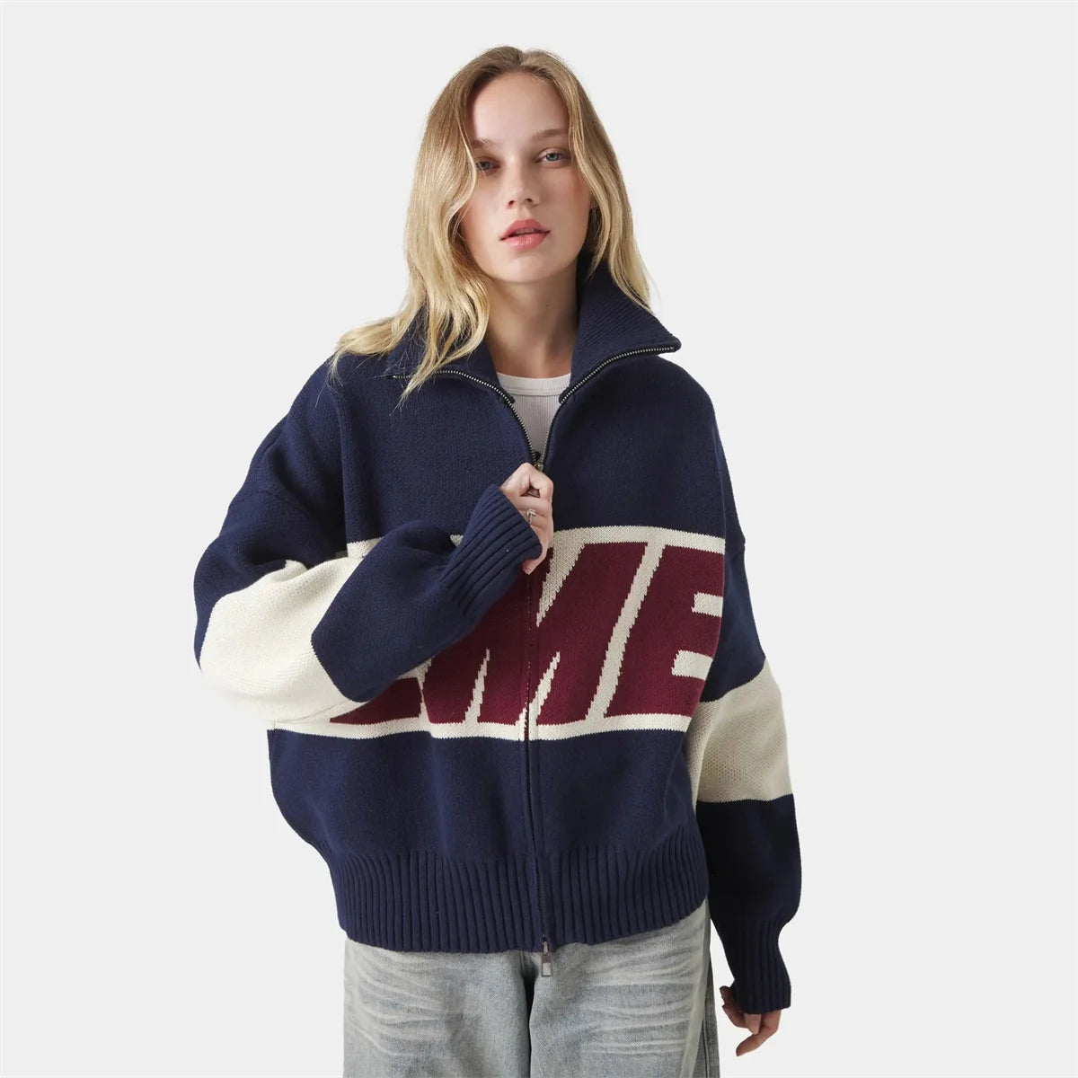 Retro Spliced Zipper Knitted Sweater Women Fashion Stand Collar Long Sleeve Loose Short Cardigan Lady Y2k Letter Knitwear