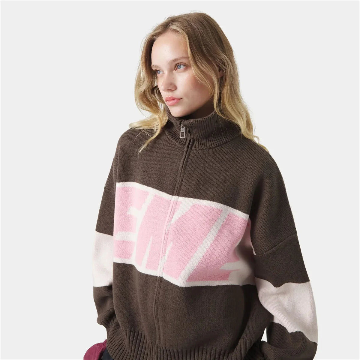 Retro Spliced Zipper Knitted Sweater for Women - Fashion Stand Collar Long Sleeve Loose Short Cardigan Y2K Letter Knitwear