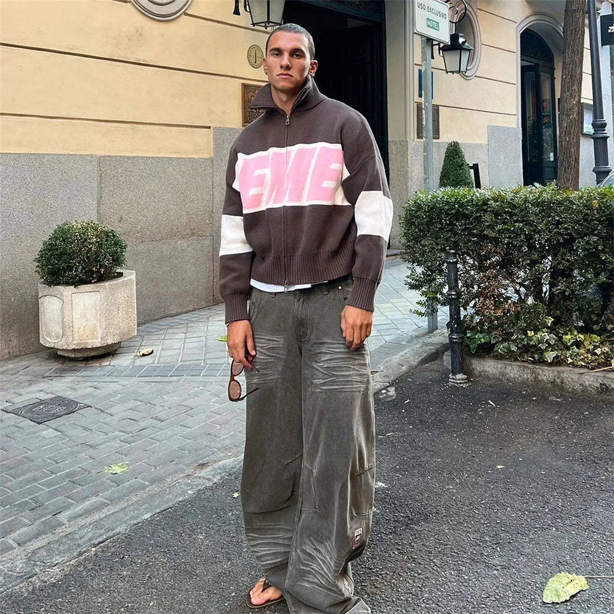Retro Spliced Zipper Knitted Sweater for Women - Fashion Stand Collar Long Sleeve Loose Short Cardigan Y2K Letter Knitwear