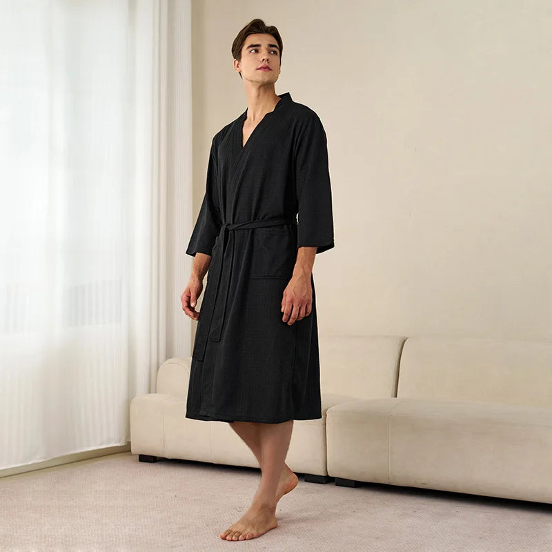 Soft Lightweight Waffle Robe Couple Bathrobe Plus Size Quick-drying 3/4 Sleeve V-neck Casual Loungewear