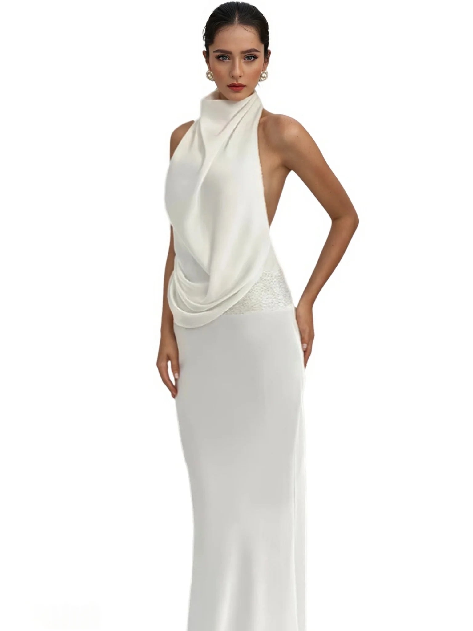 Chiffon Sequins Halter Backless