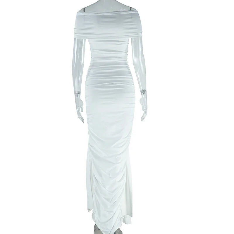 Trending Products 2026 Slant Shoulder Short Sleeve Solid Color Elegant Women Casual Maxi Long Split Dresses