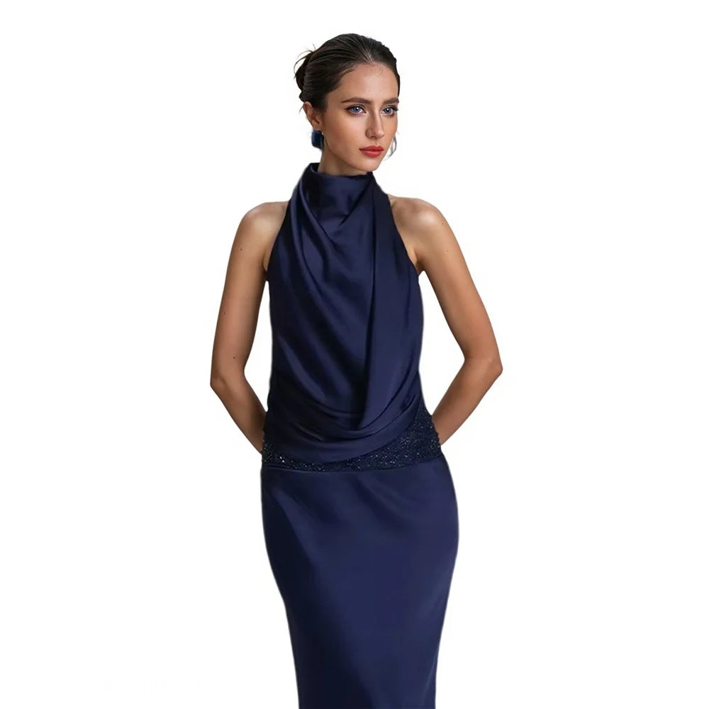 Chiffon Sequins Halter Backless