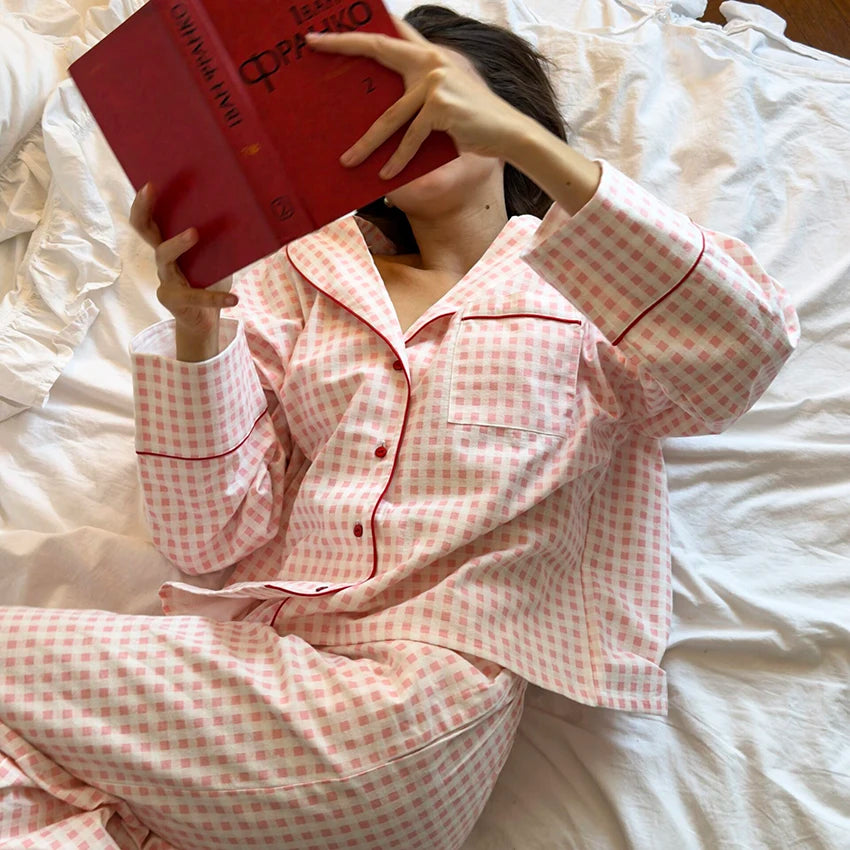 Women's Fashion Loungewear Full Sleeve Cotton Pajamas Soft Plaid Gingham Nightwear with Piping for Spring Loungewear