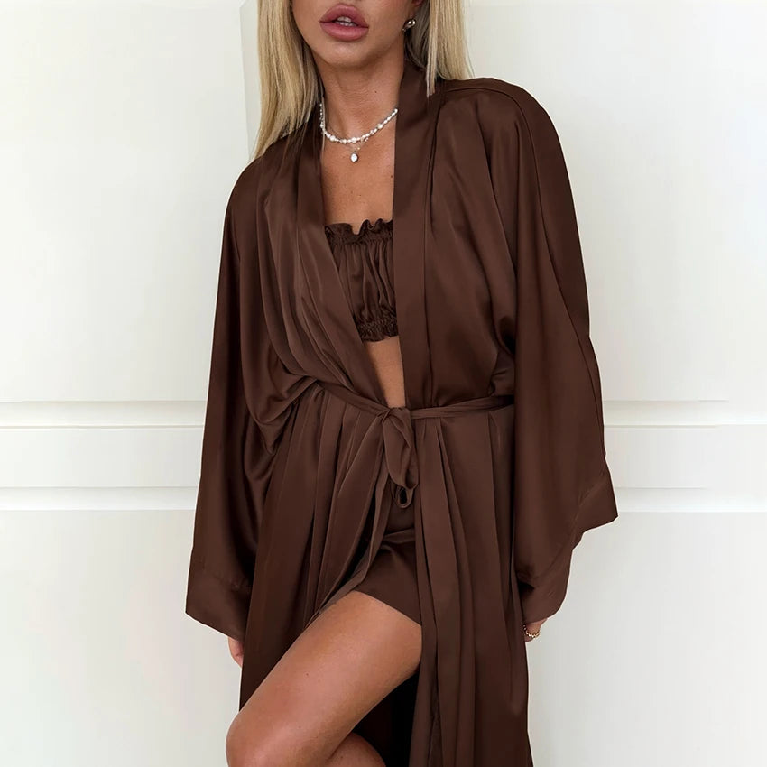 Mia Lounge Suit Nighty for Women Sleepwear 3 Pieces Satin Robe With Lingerie Shorts Women Pajamas Bra Solid Long Robe