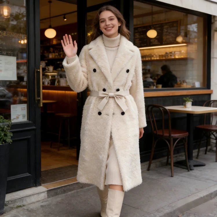 Beige Women's X-Long Double-Breasted Belted Casual Coat - Winter Warm Windproof & Anti-Wrinkle Outerwear