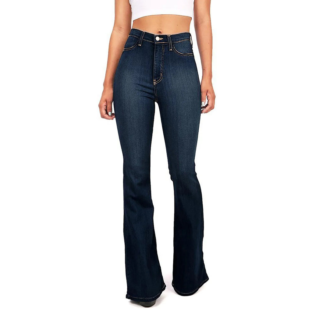 4XL Flare Jeans for Women - High Waist Zipper Fly Denim Blue and Black Wide Leg Pants - Bandage Skinny Push Up Trousers