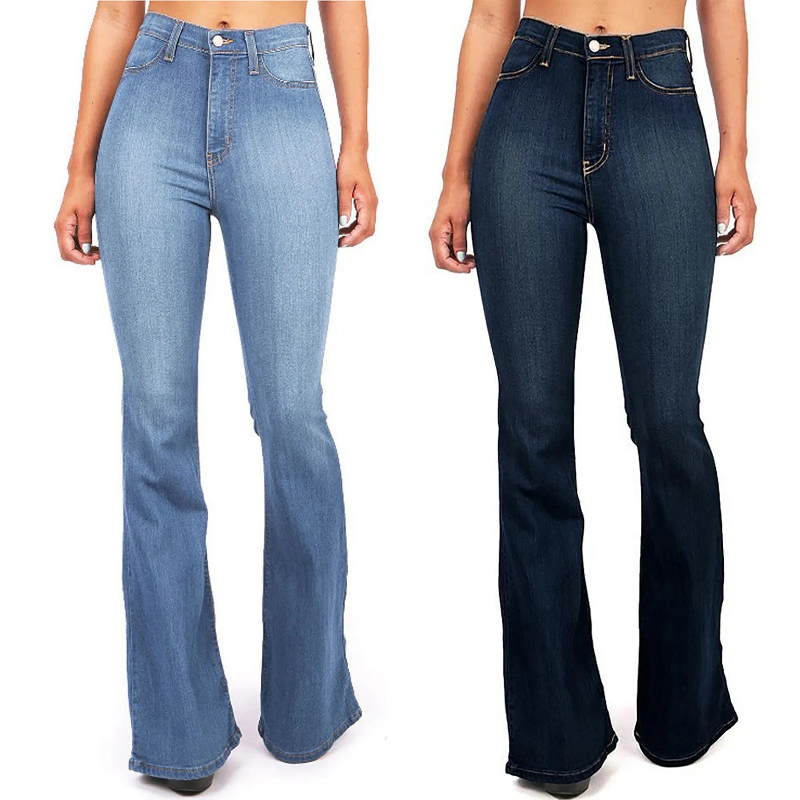 4XL Flare Jeans for Women - High Waist Zipper Fly Denim Blue and Black Wide Leg Pants - Bandage Skinny Push Up Trousers