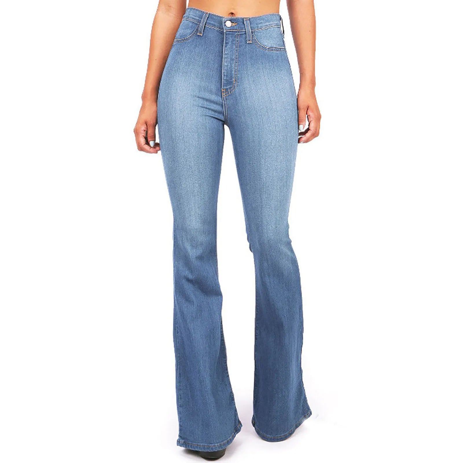 4XL Flare Jeans for Women - High Waist Zipper Fly Denim Blue and Black Wide Leg Pants - Bandage Skinny Push Up Trousers