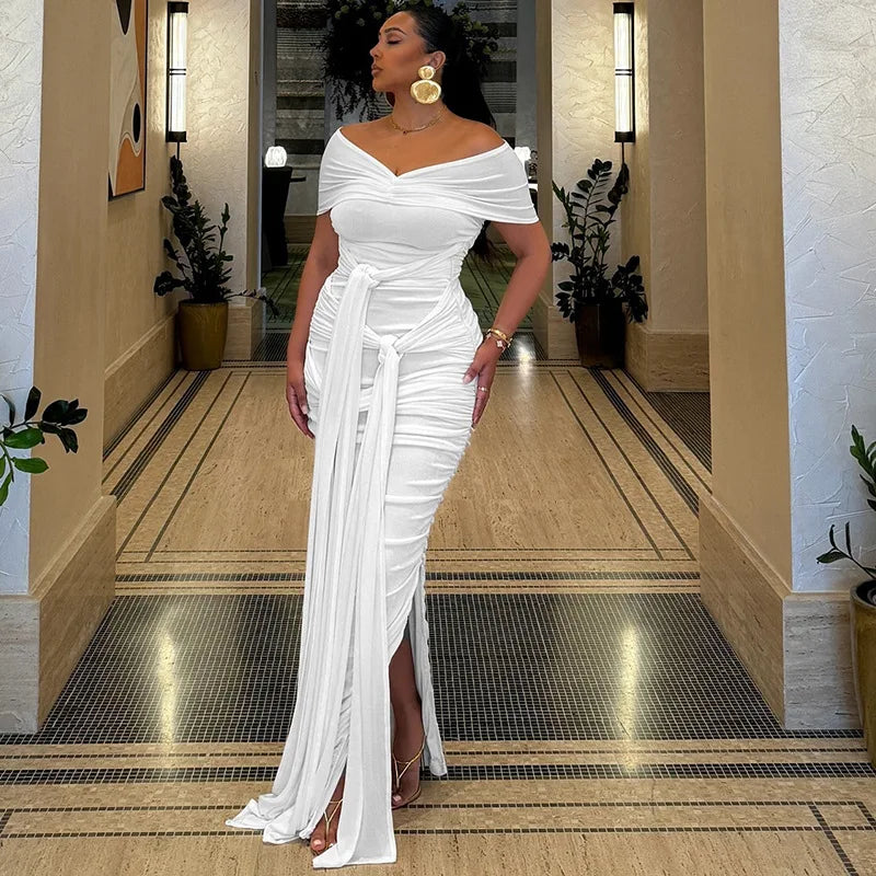 Trending Products 2026 Slant Shoulder Short Sleeve Solid Color Elegant Women Casual Maxi Long Split Dresses