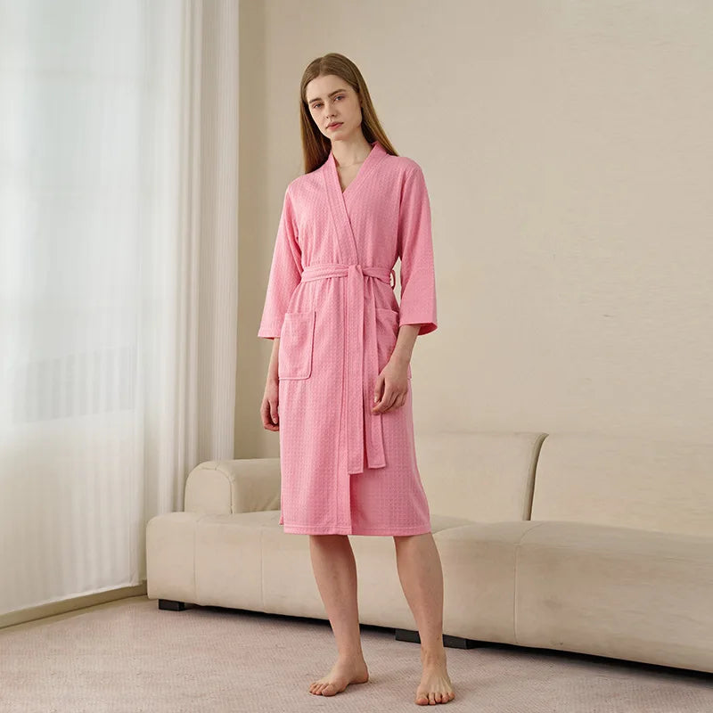 Soft Lightweight Waffle Robe Couple Bathrobe Plus Size Quick-drying 3/4 Sleeve V-neck Casual Loungewear
