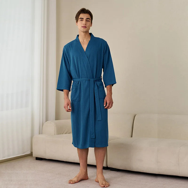 Soft Lightweight Waffle Robe Couple Bathrobe Plus Size Quick-drying 3/4 Sleeve V-neck Casual Loungewear
