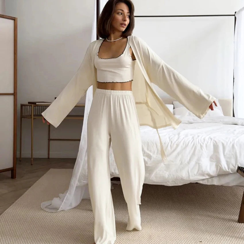 Pink Knitted Robe Set for Women |  3-Piece Pajama Set for Women | |  New Spring Sleepwear