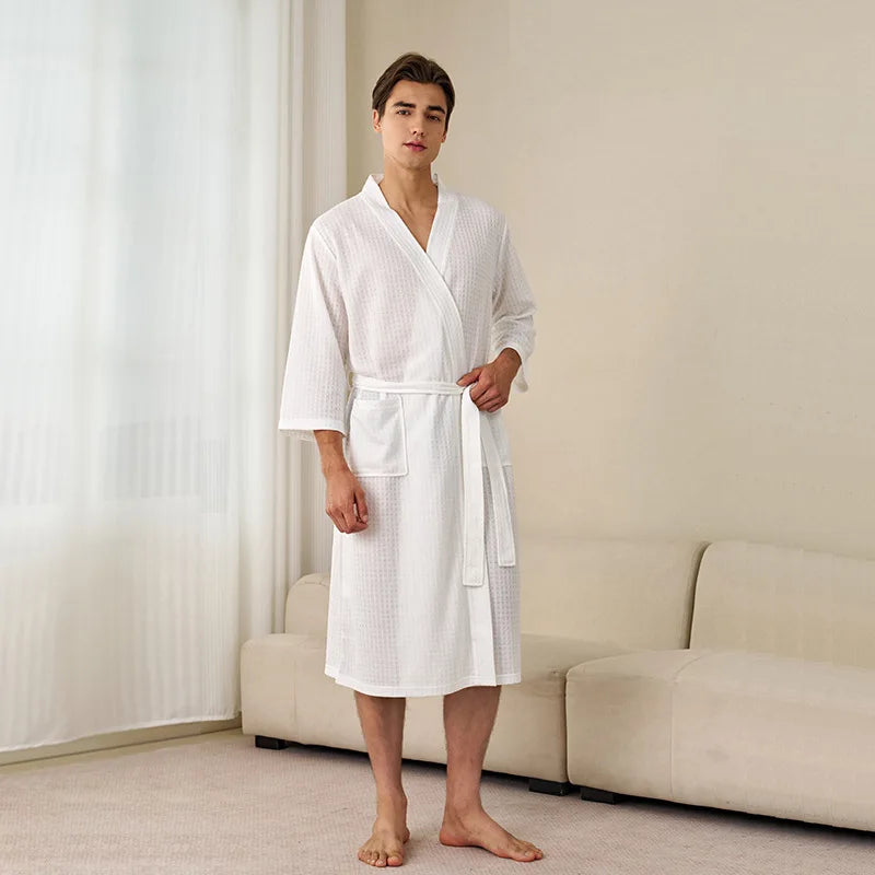 Soft Lightweight Waffle Robe Couple Bathrobe Plus Size Quick-drying 3/4 Sleeve V-neck Casual Loungewear