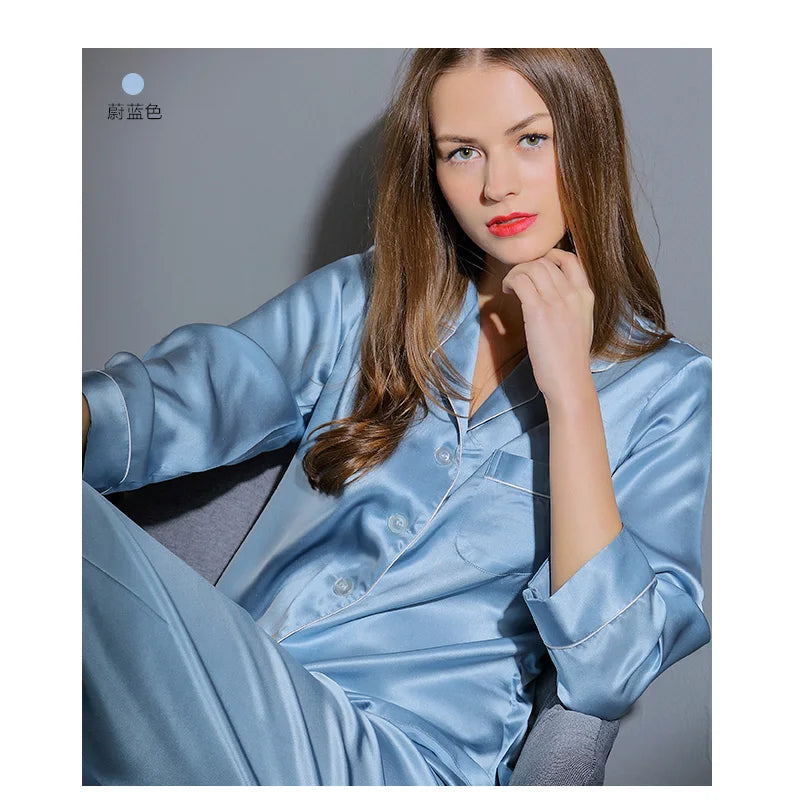 6A Factory Brand 100% Mulberry Silk Pajamas Women Set Summer Autumn Spring Winter Long-sleeved Two-piece Set Silk Sleepwear Gray