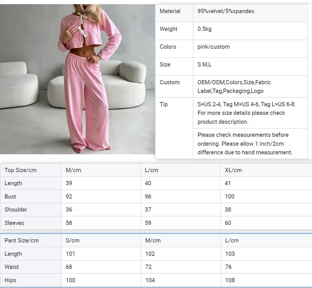 Velvet Sleepwear Winter Long Sleeve Custom Pajamas 2 Pieces Bow Lace up PJ Full Sleeves Warm Loungewear Women Sets