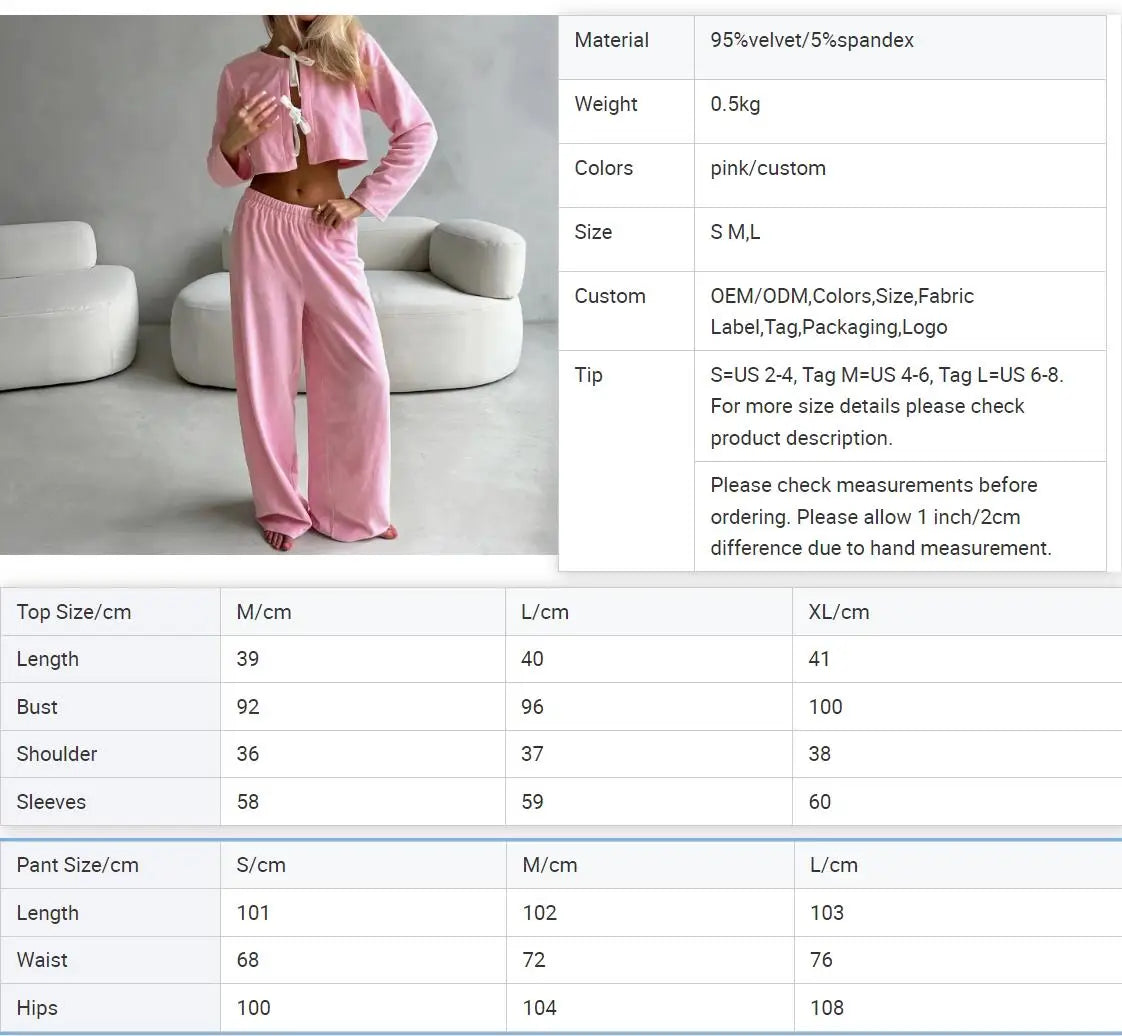 Velvet Sleepwear Winter Long Sleeve Custom Pajamas 2 Pieces Bow Lace up PJ Full Sleeves Warm Loungewear Women Sets