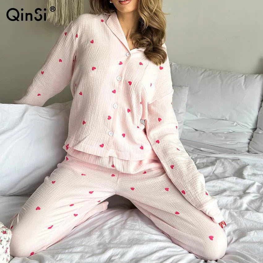Pink Hearts Cotton Pajamas | Long Sleeve Pajamas Set for Women | Comfortable Sleepwear | 2 Piece Nightwear