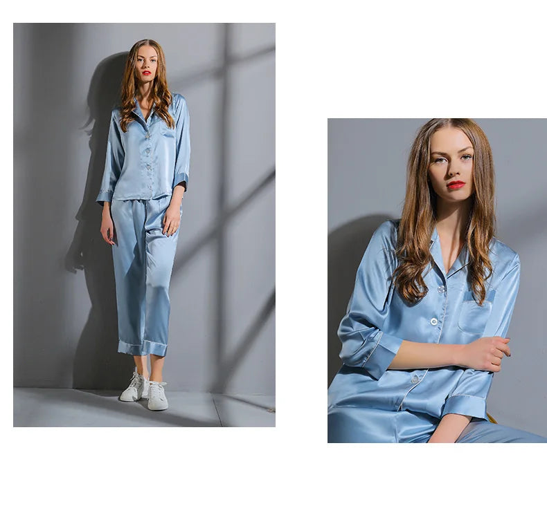 6A Factory Brand 100% Mulberry Silk Pajamas Women Set Summer Autumn Spring Winter Long-sleeved Two-piece Set Silk Sleepwear Gray