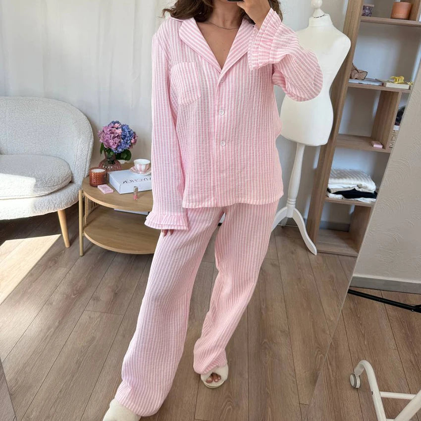 Spring Lounge Set for Ladies | Two Pieces Set Pajama | Spring Lounge Suit | Pink Striped Pajamas | Cotton Nightwear