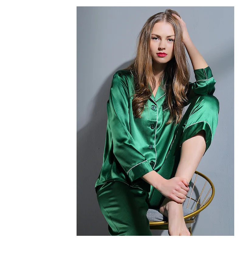 6A Factory Brand 100% Mulberry Silk Pajamas Women Set Summer Autumn Spring Winter Long-sleeved Two-piece Set Silk Sleepwear Gray