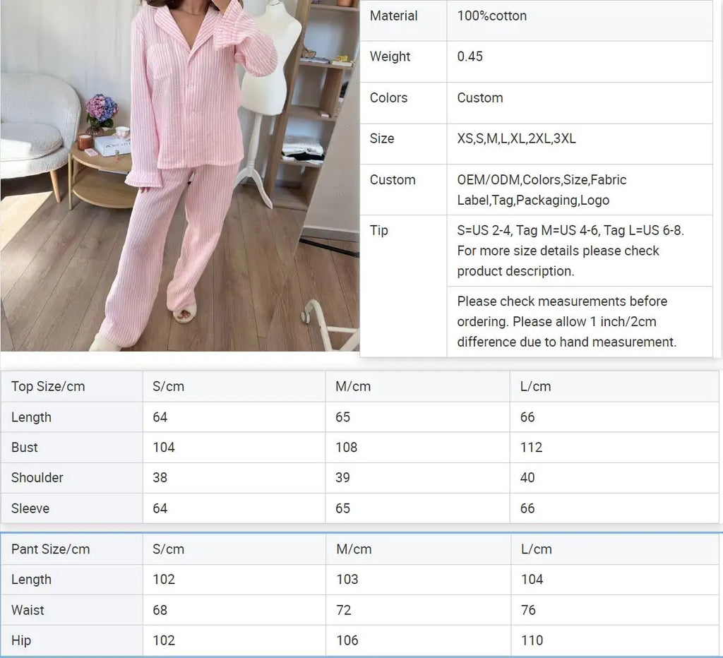 Spring Lounge Set for Ladies | Two Pieces Set Pajama | Spring Lounge Suit | Pink Striped Pajamas | Cotton Nightwear