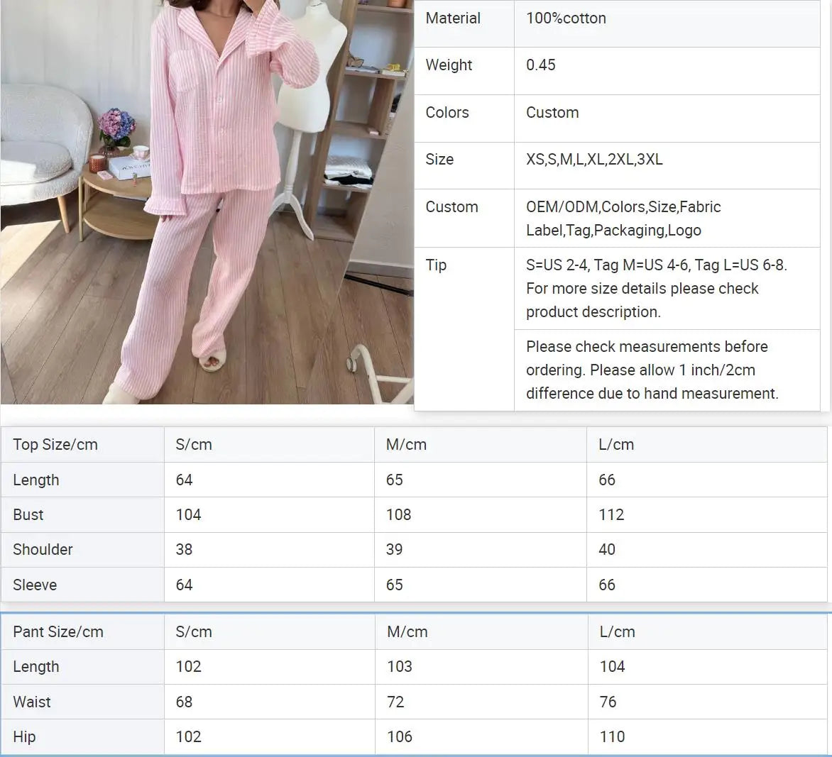 Spring Lounge Set for Ladies | Two Pieces Set Pajama | Spring Lounge Suit | Pink Striped Pajamas | Cotton Nightwear
