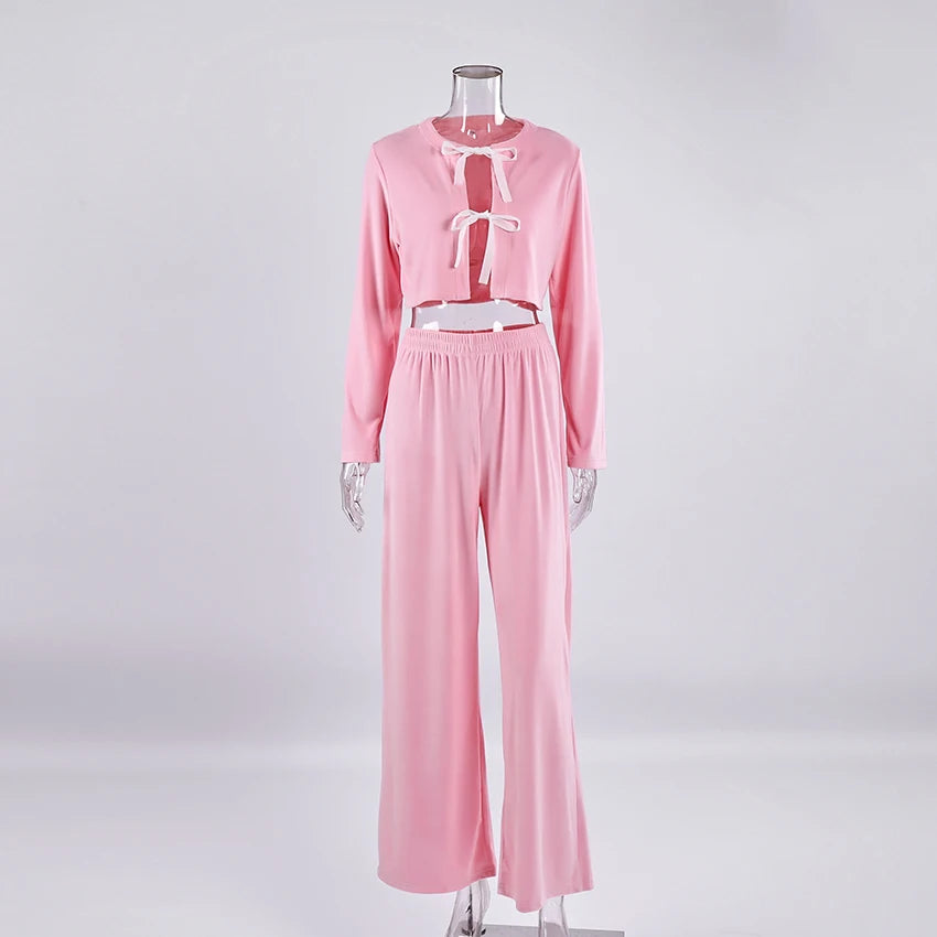 Velvet Sleepwear Winter Long Sleeve Custom Pajamas 2 Pieces Bow Lace up PJ Full Sleeves Warm Loungewear Women Sets