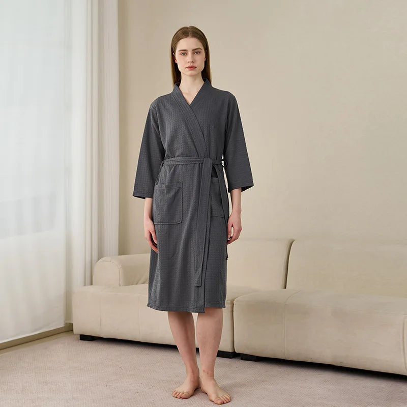 Soft Lightweight Waffle Robe Couple Bathrobe Plus Size Quick-drying 3/4 Sleeve V-neck Casual Loungewear