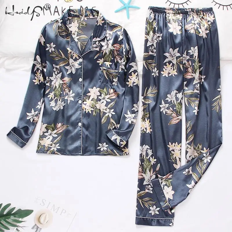 Spring Autumn Pajama Women Silk Satin Pajamas Set Long Sleeve Shirt with Trouser Sleepwear Loungewear Female Pajamas Suits Mujer