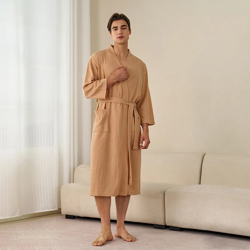 Soft Lightweight Waffle Robe Couple Bathrobe Plus Size Quick-drying 3/4 Sleeve V-neck Casual Loungewear