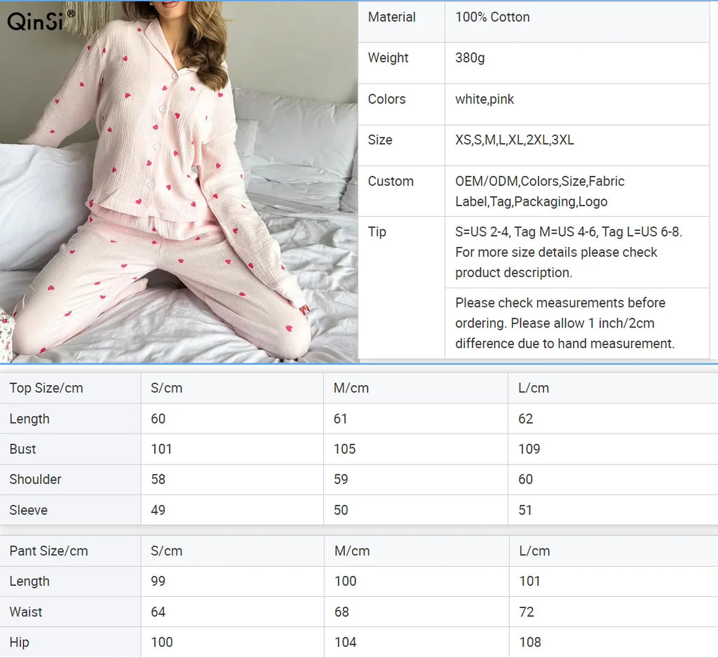 Pink Hearts Cotton Pajamas | Long Sleeve Pajamas Set for Women | Comfortable Sleepwear | 2 Piece Nightwear