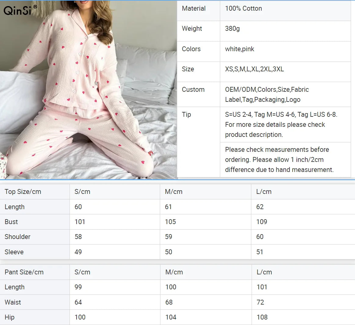 Pink Hearts Cotton Pajamas | Long Sleeve Pajamas Set for Women | Comfortable Sleepwear | 2 Piece Nightwear