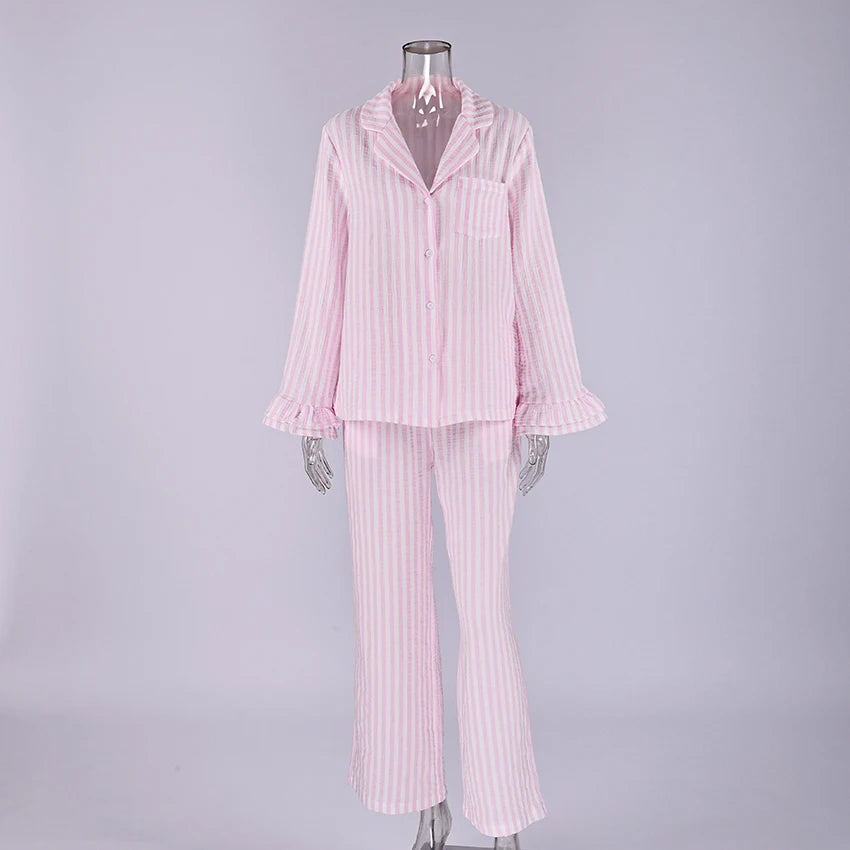 Spring Lounge Set for Ladies | Two Pieces Set Pajama | Spring Lounge Suit | Pink Striped Pajamas | Cotton Nightwear