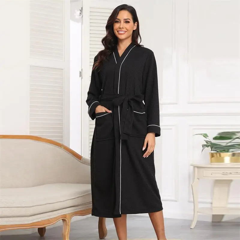 Waffle Pink Robes with Logo Sleep Wear Women Pajama Honeycomb Long Bathrobe