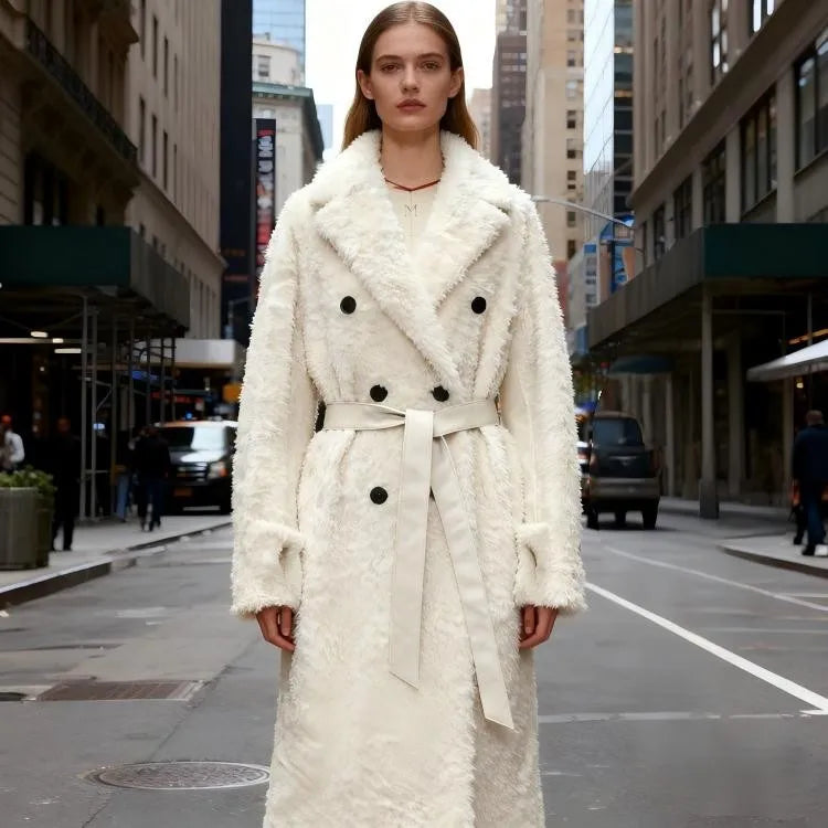 Beige Women's X-Long Double-Breasted Belted Casual Coat - Winter Warm Windproof & Anti-Wrinkle Outerwear