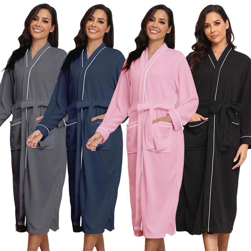 Waffle Pink Robes with Logo Sleep Wear Women Pajama Honeycomb Long Bathrobe