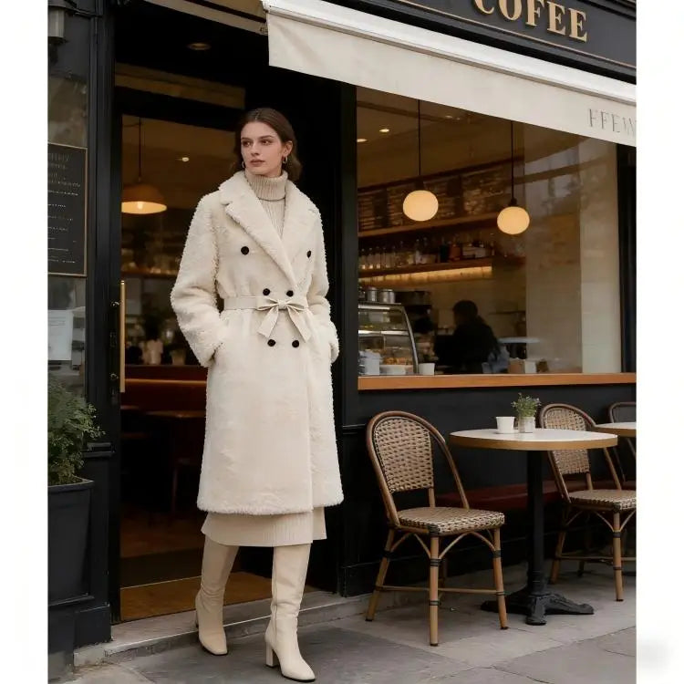 Beige Women's X-Long Double-Breasted Belted Casual Coat - Winter Warm Windproof & Anti-Wrinkle Outerwear