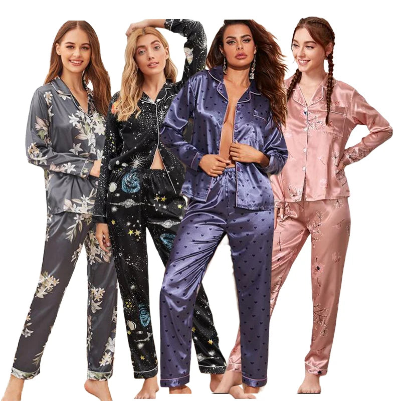 Spring Autumn Pajama Women Silk Satin Pajamas Set Long Sleeve Shirt with Trouser Sleepwear Loungewear Female Pajamas Suits Mujer