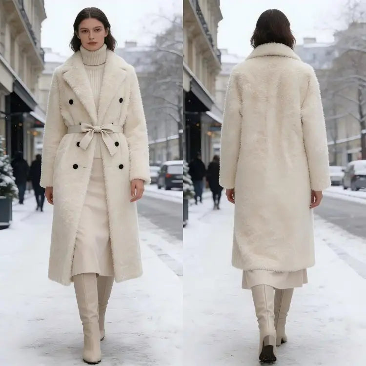 Beige Women's X-Long Double-Breasted Belted Casual Coat - Winter Warm Windproof & Anti-Wrinkle Outerwear